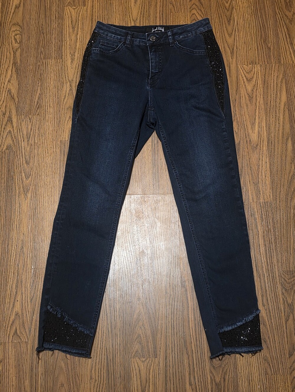 Joseph Ribkoff Dark Wash Skinny Jeans Size 6 Sequin Step Hem Embellished A31